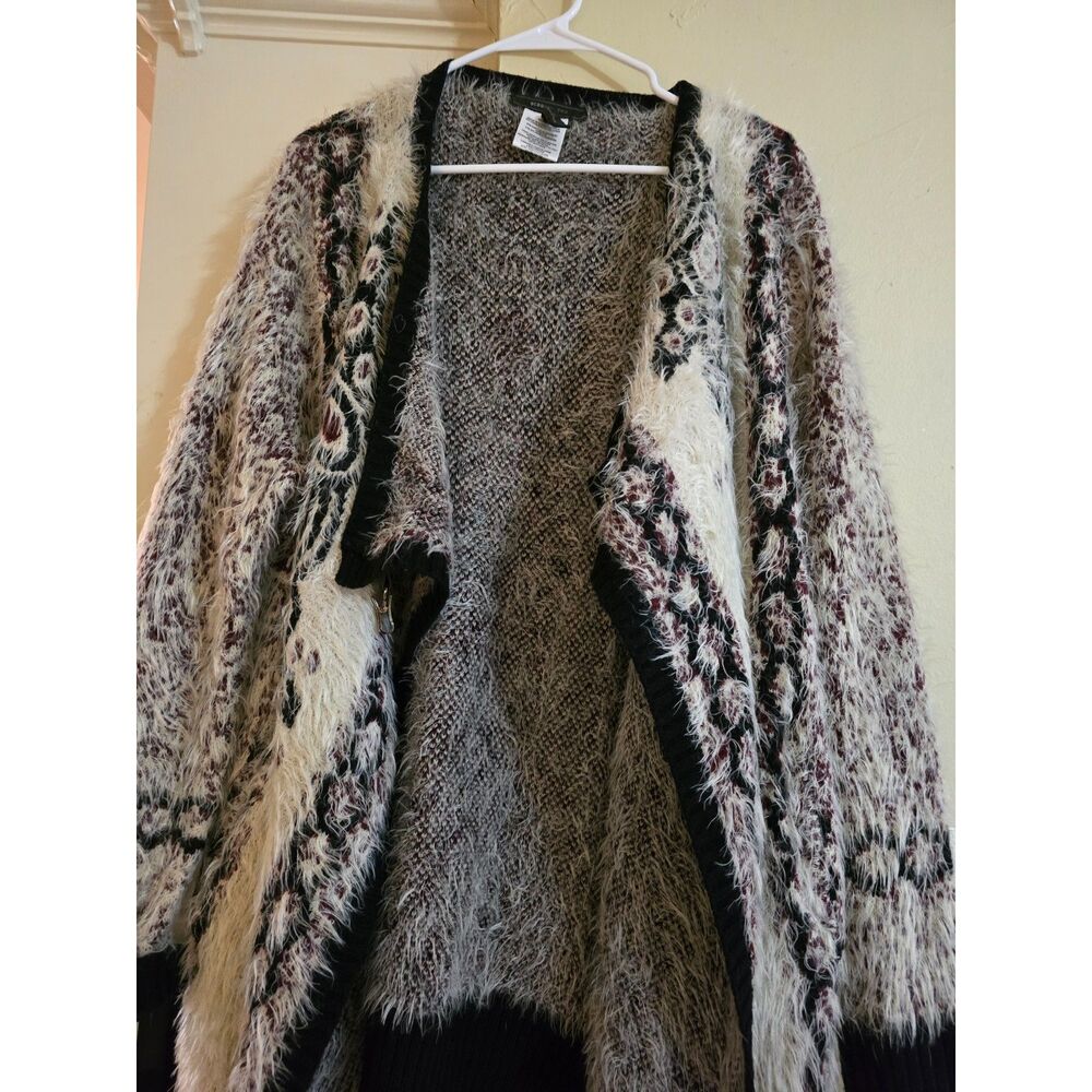 BCBG Maxazria Oversized Fuzzy Cardigan SZ M Aztec Leather Strap Closure Sweater